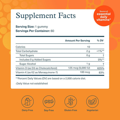 Youtheory K2D3 Gummies - Vitamin D3 & K2 Food Supplement for Bone, Heart & Immune Health - Plant-Based Ingredients - Sugar Free - Peach Flavour - 60 Gummies (60-Day Supply)