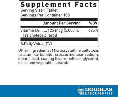 Douglas Laboratories Vitamin D (5,000 I.U.) | Vitamin D3 Food Supplement to Contribute to Normal Immune Function, Calcium Levels and Bones* | 100 Tablets