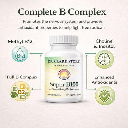 Dr Clark Store Vitamin B Complex (Super B100) - Methylcobalamin B12, 100 Gelatine Capsules