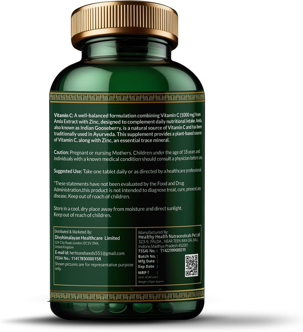 HERBS & SEEDS Vitamin C Supplement with Zinc – 1000 mg Plant-Based Tablets for Immune & Skin Support – Amla, Spirulina, Wheatgrass – 120 Count - görsel 3