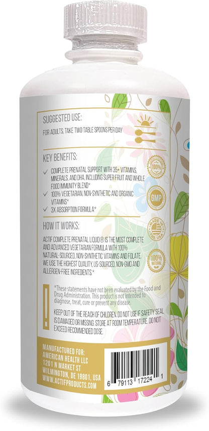 ACTIF Organic Complete Antenatal Liquid with 35+ Vitamins and Organic Herbs, with DHA and Choline, Non-GM, Made in the USA, 946ml
