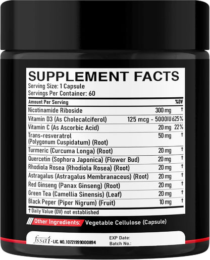 DEDICAD 11in1 NAD+ Supplement with Nicotinamide Riboside, Quercetin, Resveratrol and 8 More - 2 Month Supply