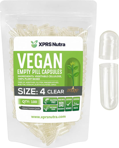XPRS Nutra Size 4 Empty Capsules - 100 Count Small Clear Empty Vegan Capsules
