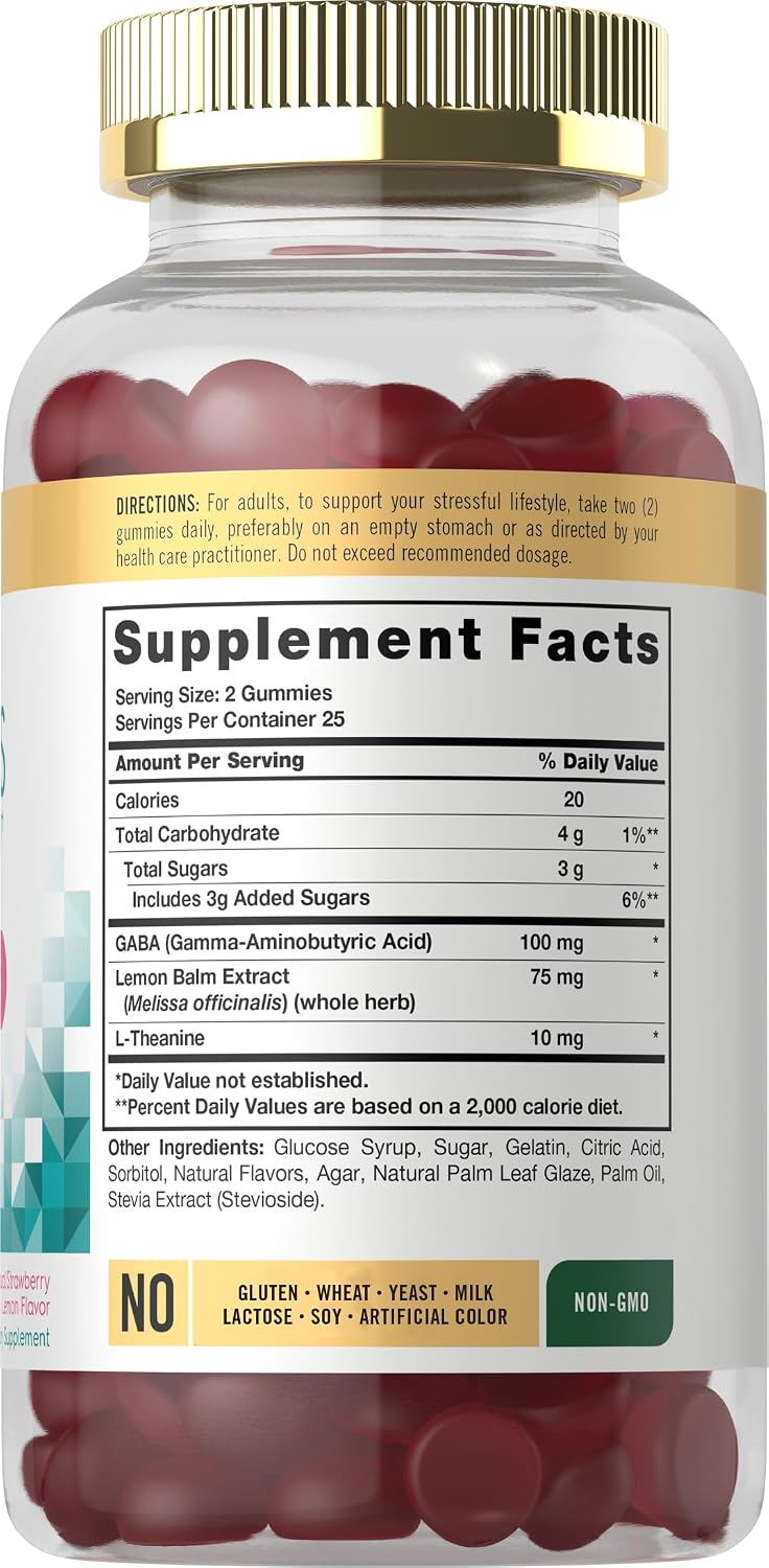 Carlyle Stress Support Supplement Gummies - 50 Count - with GABA and L-Theanine - Strawberry Lemon Flavour - Non-GMO & Gluten-free - görsel 2