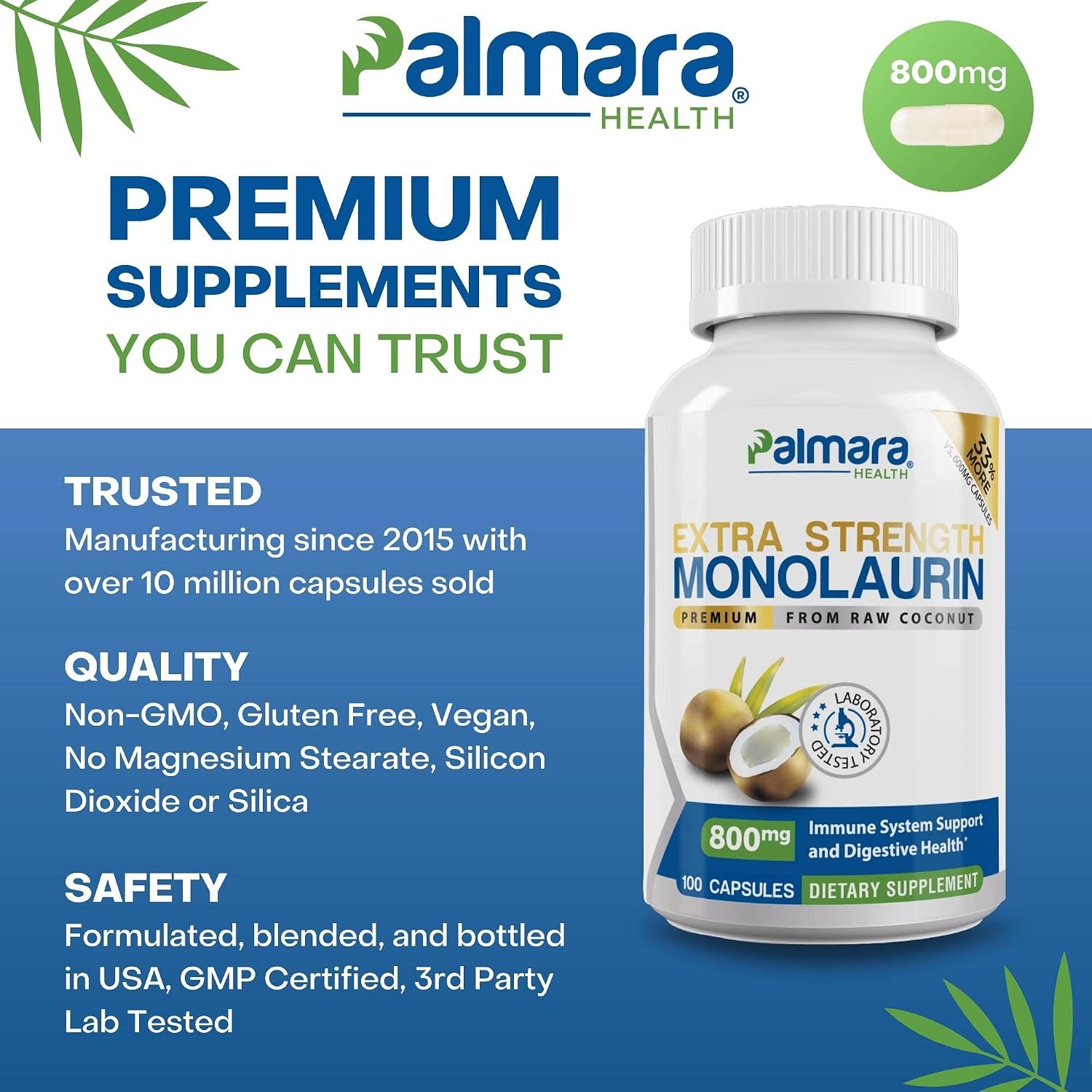 Palmara Health Extra Strength Monolaurin, 1600 mg per Serving, 800 mg per Capsule, 100 Capsules - görsel 3