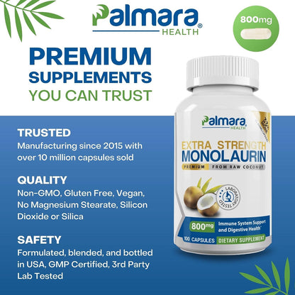 Palmara Health Extra Strength Monolaurin, 1600 mg per Serving, 800 mg per Capsule, 100 Capsules