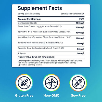 Liposomal Nicotinamide Riboside NR Supplement with Resveratrol, Fisetin, Quercetin, Spermidine, Berberine, Apigenin - NAD+ Booster 500 mg - 60 Capsules