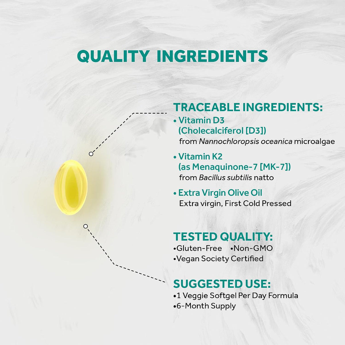Naturalis Vegan Vitamin D3+K2 from Algae | 5000 IU D3 with 120 mcg MK-7 | Vegan Society Certified | 180 Softgels - görsel 3