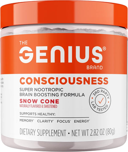 Genius Consciousness - All-in-One Brain Health Supplement for Clarity, Concentration, Creative Thinking, Energy & Memory - Snow Cone Flavour (15 Servings)