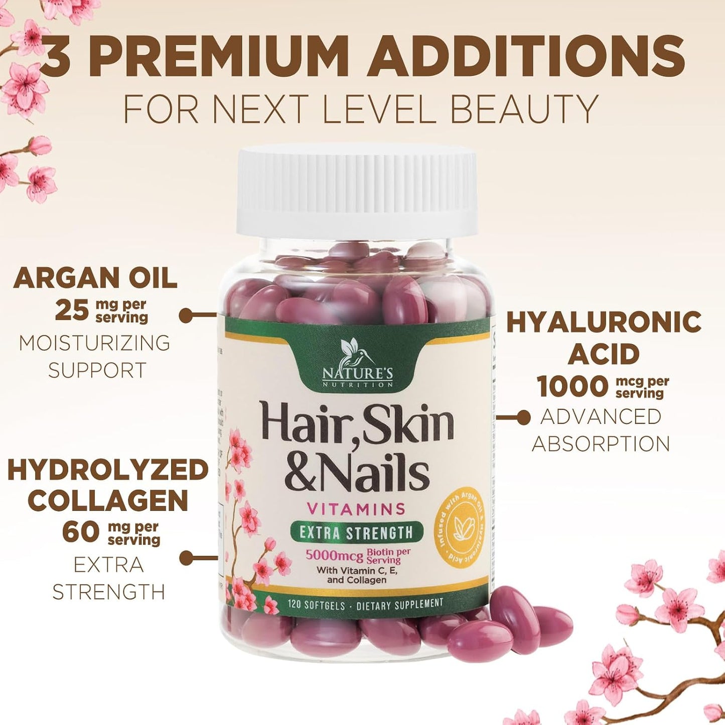 Hair, Skin and Nails Vitamins - Biotin 5000mcg with Collagen, Argan Oil and Hyaluronic Acid - 120 Softgels - görsel 5