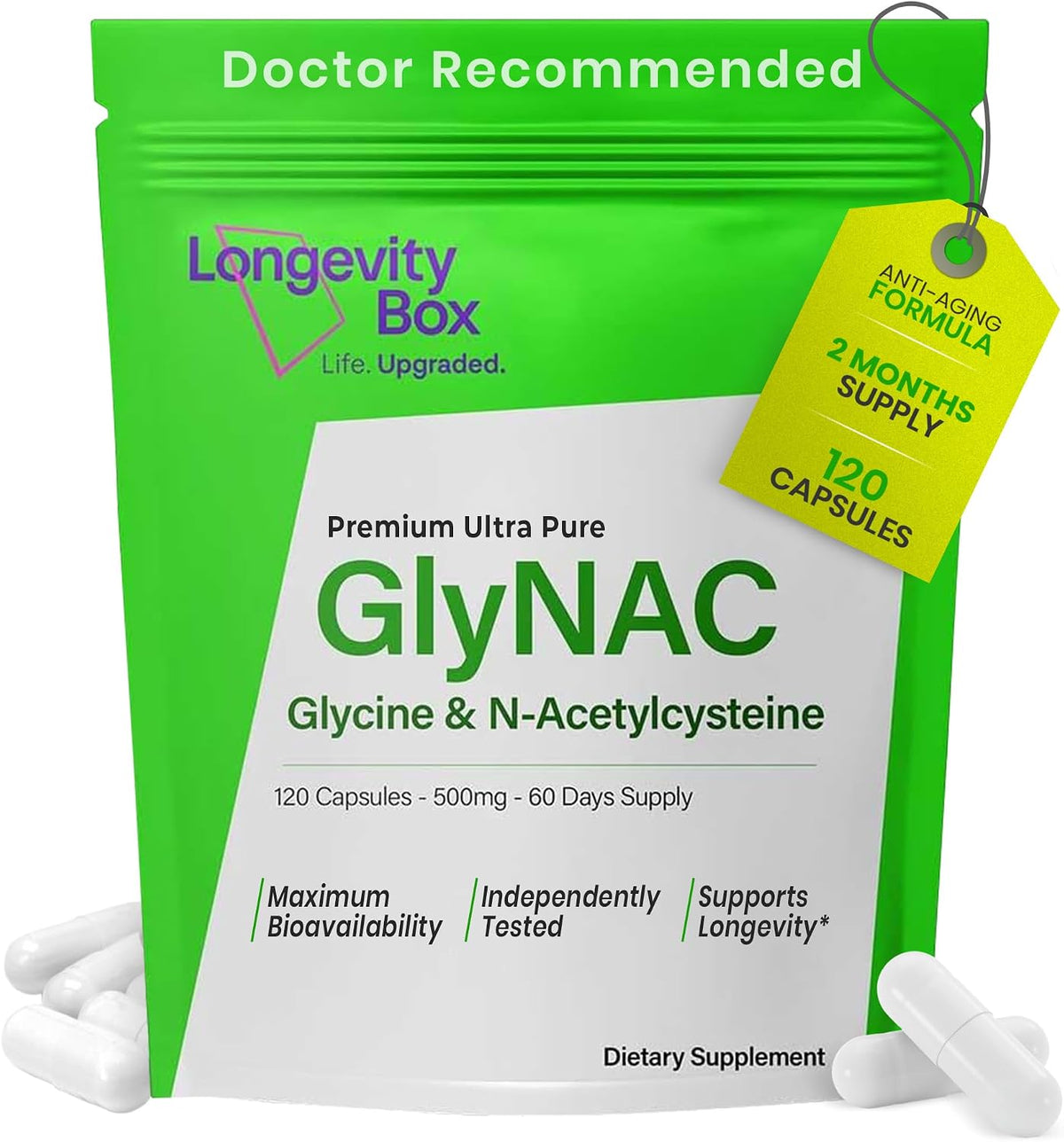 Ultra Pure GlyNAC Supplement 1000mg (500mg Glycine + 500mg N-Acetyl Cysteine) - Glutathione Precursor for Healthy Ageing, Energy & Cellular Protection - 120 Vegan Capsules - görsel 1