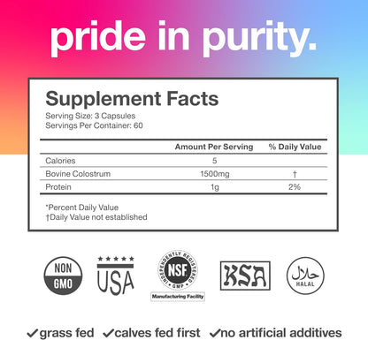 Pure Bovine Colostrum 180 Capsules – Free from Antibiotics and Hormones – Sourced from the USA – All Natural – 100% First Milking