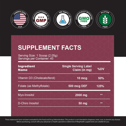 Inositol Powder - Myo and D-Chiro Inositol with Folate and Vitamin D, 40:1 Ratio, 45-Day Supply