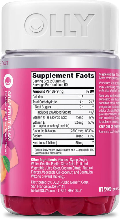 OLLY Undeniable Beauty Hair, Skin & Nails Gummies with Biotin 2500mcg, Keratin & Vitamin C – Grapefruit – 120 Count
