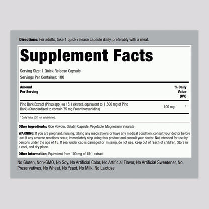 Piping Rock Pine Bark Extract Capsules, 180 Capsules