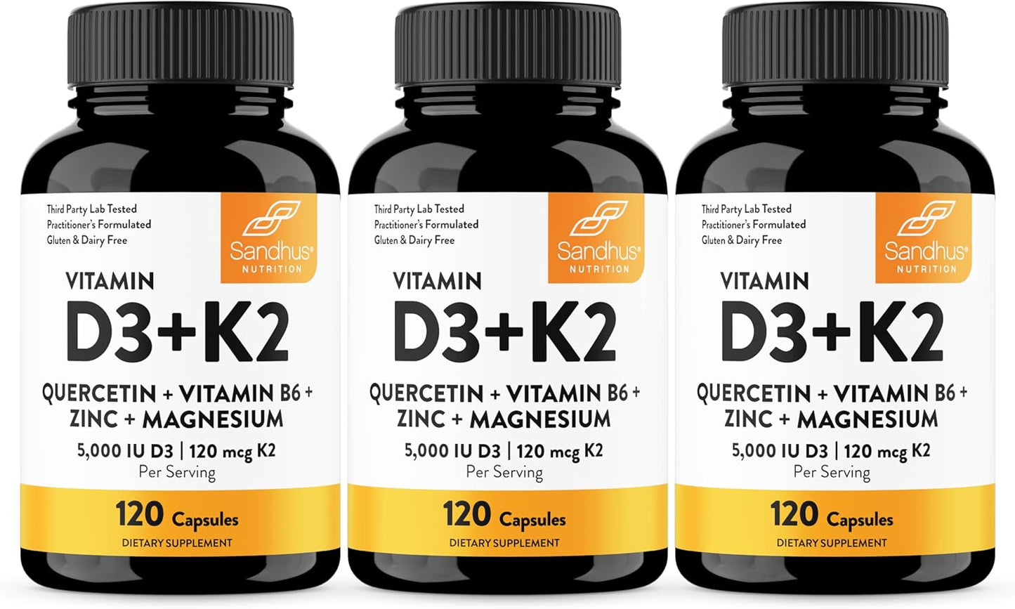Sandhu's Vitamin D3 K2 Magnesium - 5000 IU D3, 120mcg K2 MK-7 with B6, Zinc & Quercetin - 360 Capsules (3-Pack) - görsel 1