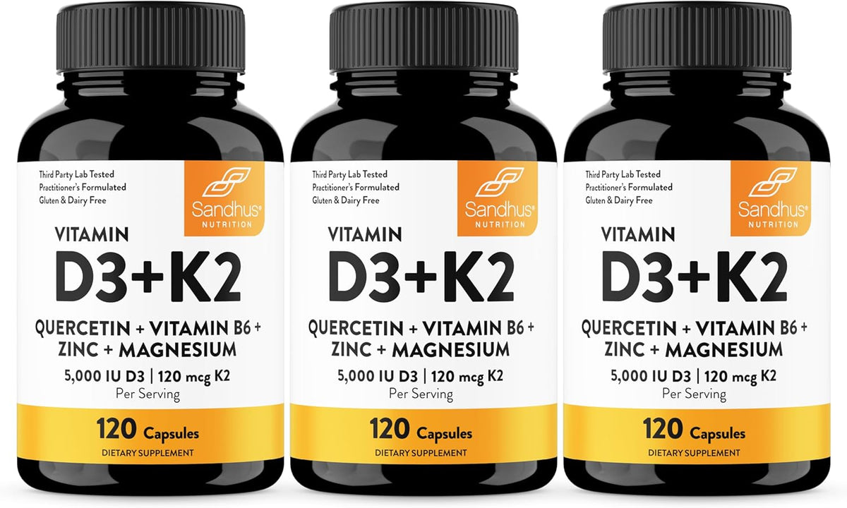 Sandhu's Vitamin D3 K2 Magnesium - 5000 IU D3, 120mcg K2 MK-7 with B6, Zinc & Quercetin - 360 Capsules (3-Pack) - görsel 1