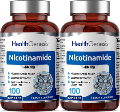 Health Genesis B-3 Nicotinamide 500 mg, 100 Capsules (2-Pack)