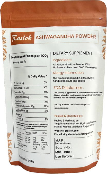 Raslok Ashwagandha Root Powder | Finest Grade A | Non-GMO, Vegan & Raw from India (227 g)