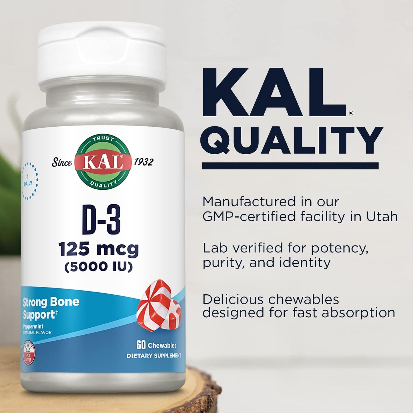 KAL Vitamin D3 Chewable, 5000 IU (125 mcg), Natural Peppermint Flavour, 60 Tablets - görsel 5