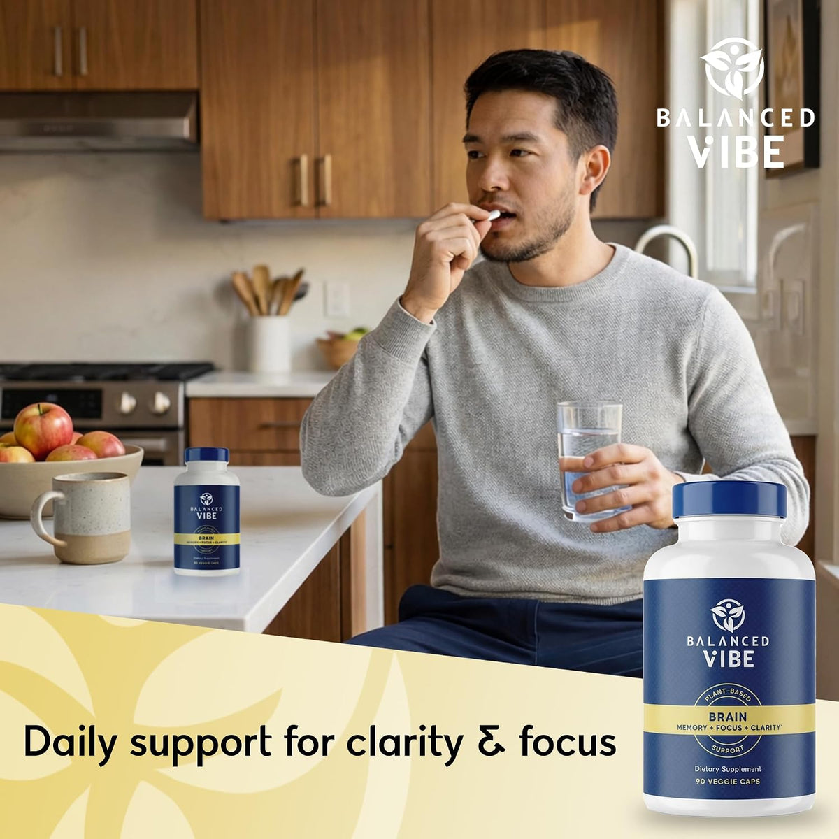 Balanced Vibe Brain Supplement 8 in 1 with Lion's Mane, Bacopa, Rhodiola, Ginkgo – Non-Stimulant, Organic, Vegan, GMP Certified, 90 Capsules - görsel 8