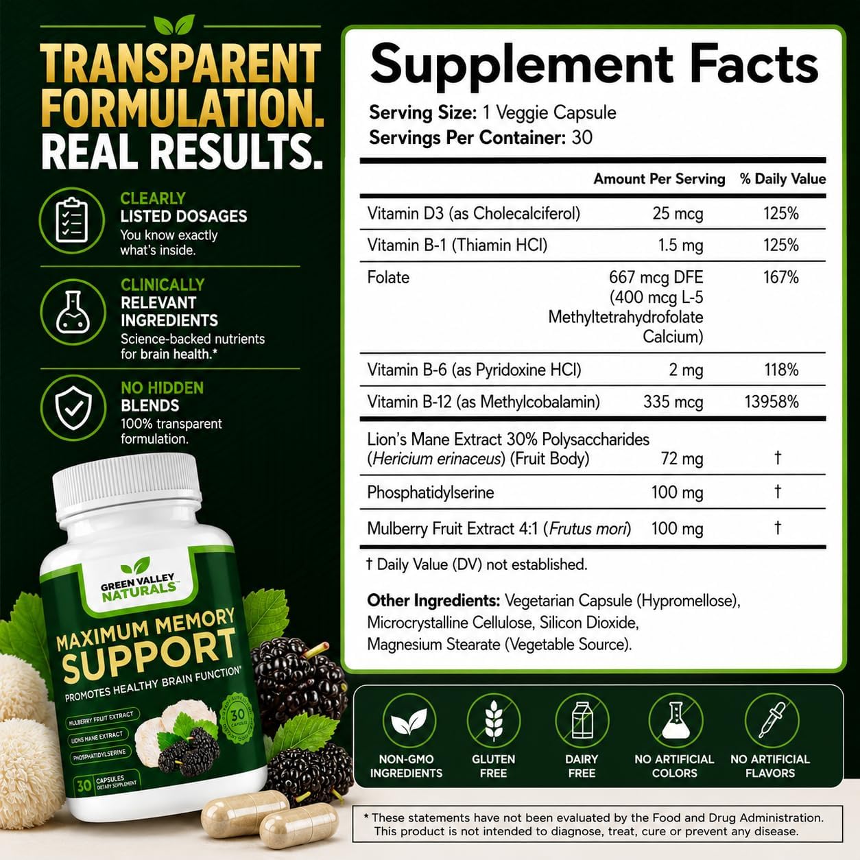 Green Valley Naturals Maximum Memory Support | Cognitive Formula with Lion's Mane, Mulberry, Phosphatidylserine & Methylated B Vitamins | 30 Capsules - görsel 6