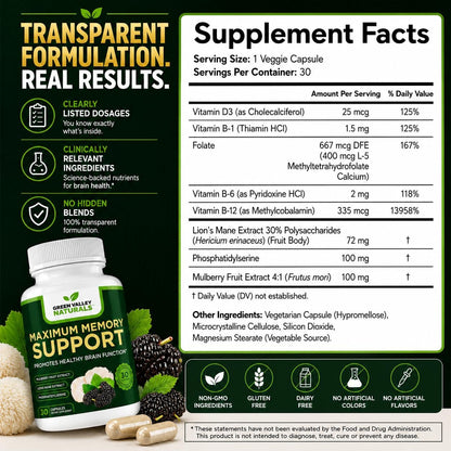 Green Valley Naturals Maximum Memory Support | Cognitive Formula with Lion's Mane, Mulberry, Phosphatidylserine & Methylated B Vitamins | 30 Capsules