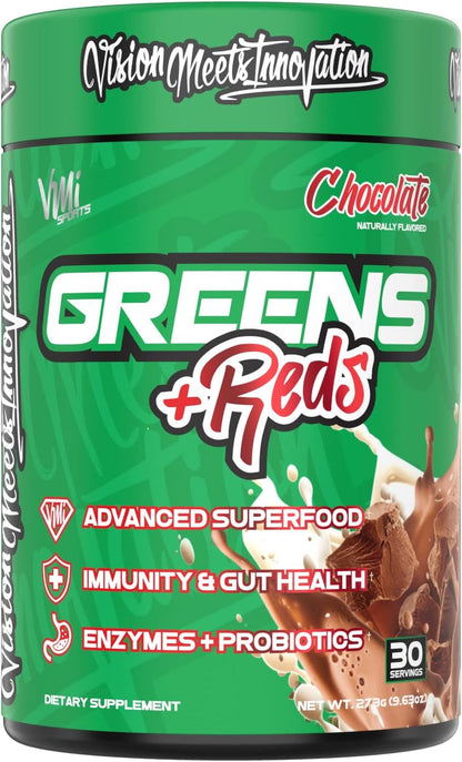 VMI Sports Greens + Reds Advanced Superfood for Immune Support and Digestive Health | Enzymes & Probiotics | 30 Servings (Chocolate)