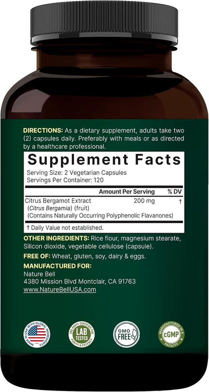 NatureBell Citrus Bergamot – Real Fruit Extract with Polyphenolic Flavanones – 240 Vegetarian Capsules