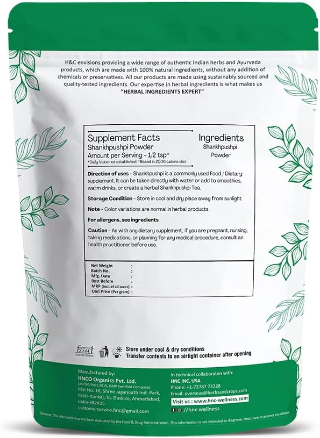 H&C Shankhpushpi Powder - Ayurvedic Supplement for Memory and Concentration (227g) - görsel 2