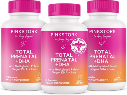 Pink Stork Total Prenatal Vitamins - 60 Capsules, Mint - Vegan DHA, Methylfolate, Iron, Choline