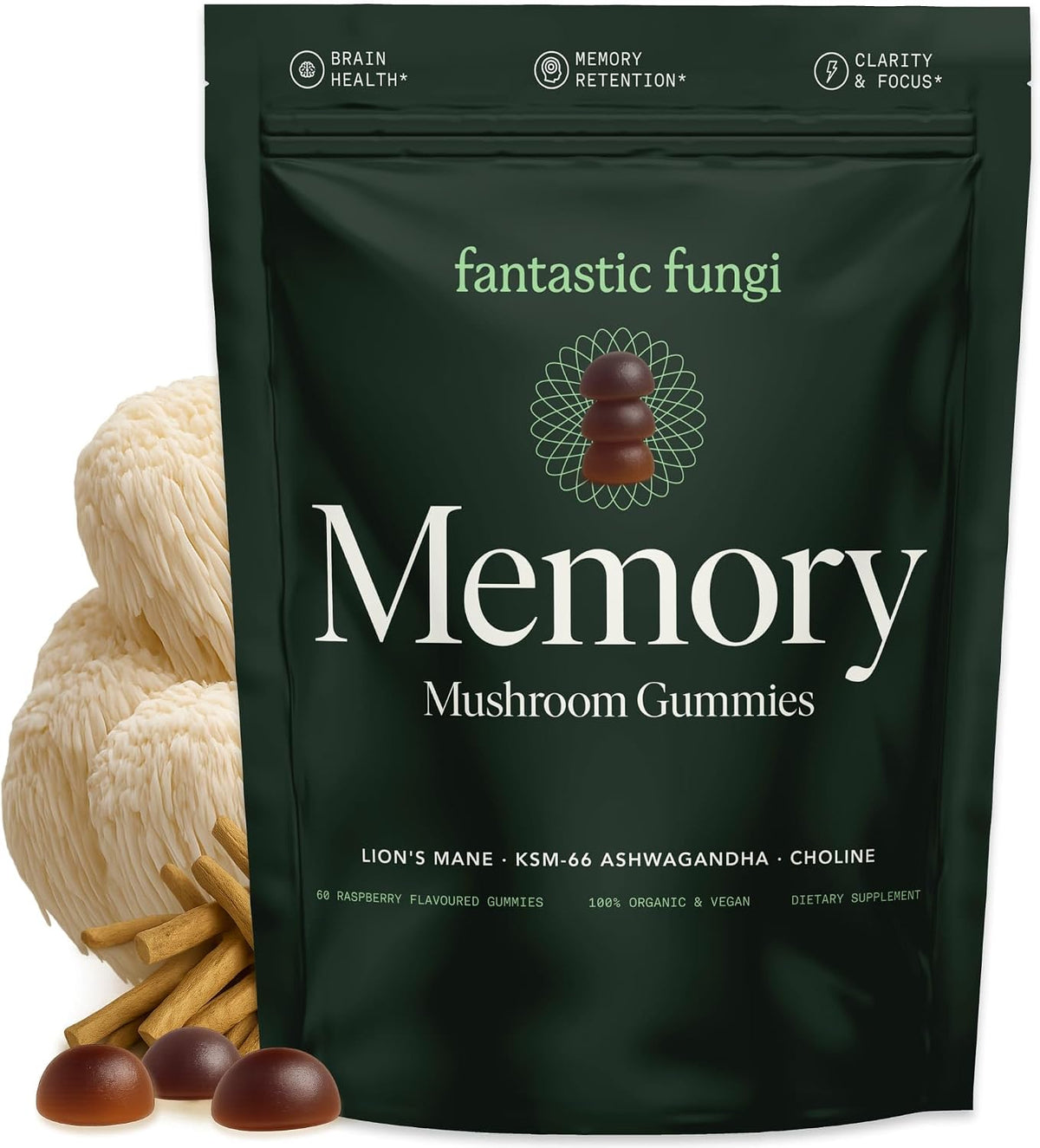Organic Mushroom Gummies for Focus & Memory - Lion's Mane, Choline & Ashwagandha | Vegan, Sweet & Sour Flavour | 60 Chewables - görsel 1