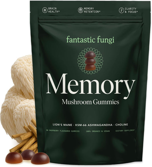 Organic Mushroom Gummies for Focus & Memory - Lion's Mane, Choline & Ashwagandha | Vegan, Sweet & Sour Flavour | 60 Chewables