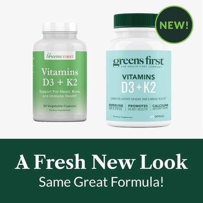 Greens First Vitamins D3+K2 – Support for Normal Bones, Immune System and Calcium Balance (60 Vegetable Capsules)