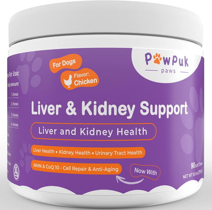 PawPuk Paws Liver & Kidney Vitamins Supplements for Dogs, SAM-e & Silymarin - Liver Function, NMN & CoQ10 - Anti-Ageing, Rehmannia & Rhubarb - Natural Herbal Kidney Support, Cranberry - Urinary Tract Health