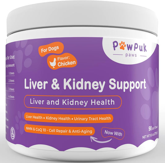 PawPuk Paws Liver & Kidney Vitamins Supplements for Dogs, SAM-e & Silymarin - Liver Function, NMN & CoQ10 - Anti-Ageing, Rehmannia & Rhubarb - Natural Herbal Kidney Support, Cranberry - Urinary Tract Health