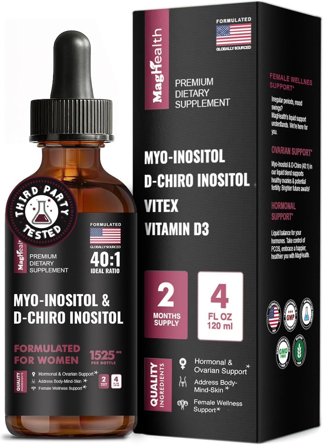 Myo-Inositol & D-Chiro Inositol Liquid Drops for Women – 40:1 Ratio with Vitex & Vitamin D3, 118 ml (2-Month Supply) - görsel 1