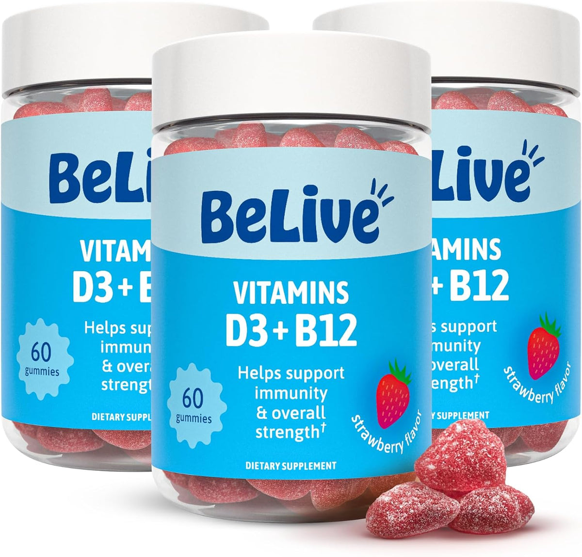 BeLive Vitamin D3 Gummies with B12 - Vegan, Strawberry Flavour (3-Pack) - görsel 1