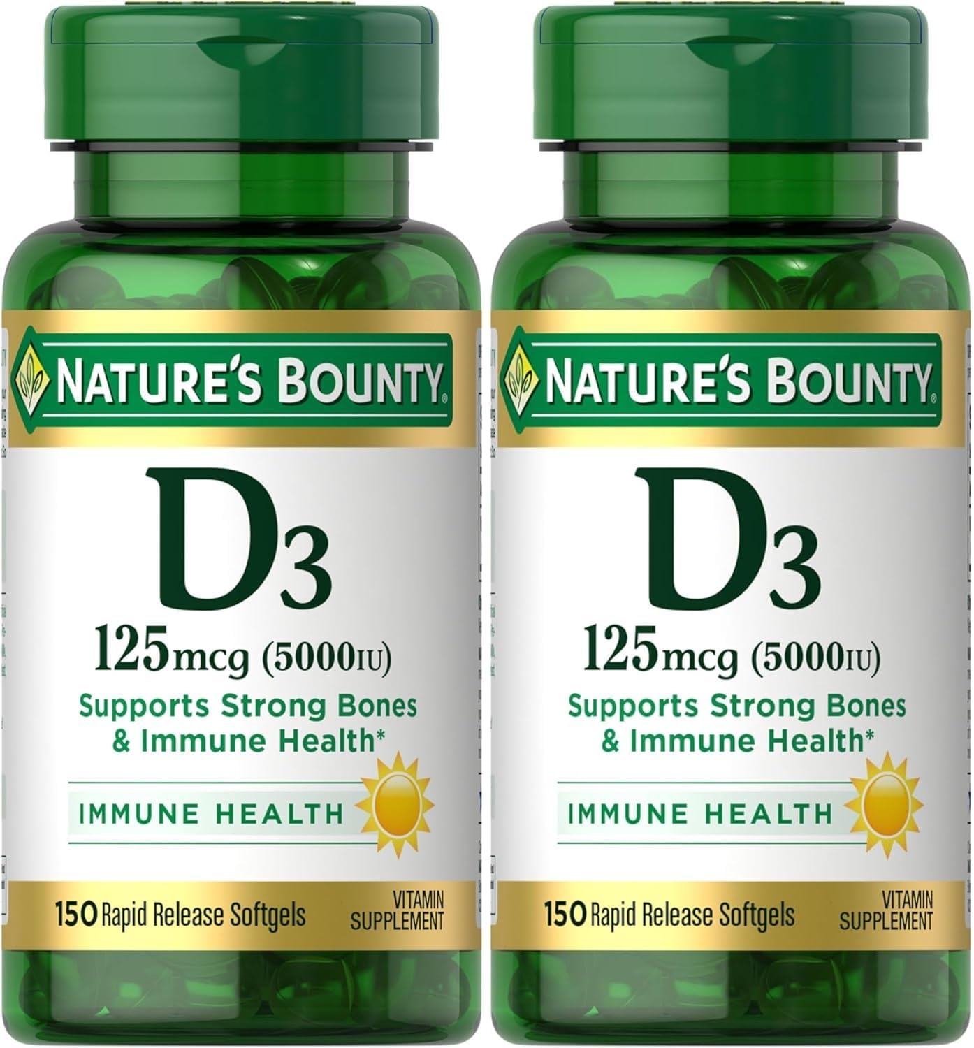 Nature's Bounty Vitamin D-5000 IU Softgels, High Strength 150 per bottle (Pack of 2) - görsel 1