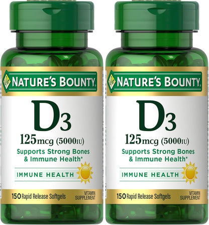 Nature's Bounty Vitamin D-5000 IU Softgels, High Strength 150 per bottle (Pack of 2)