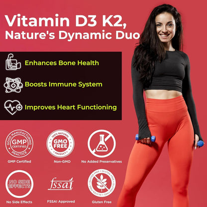 Vitamin D3 (600 IU) + Vitamin K2 (MK-7, 55 mcg) - Bone and Immune Support - 60 Veg Tablets