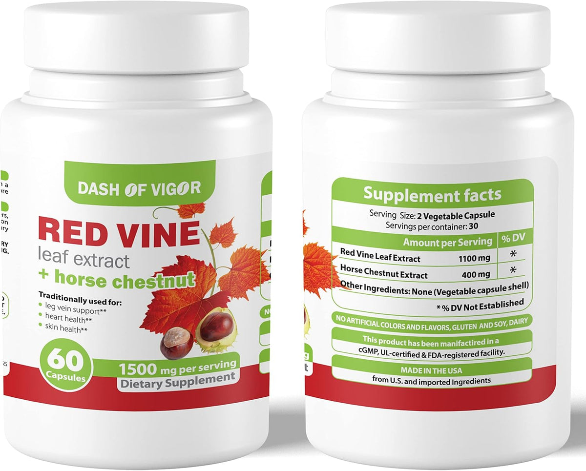 Dash of Vigour Red Vine Leaf Extract (Vitis vinifera) and Horse Chestnut Seed Extract, 1500 mg, 60 Capsules - görsel 2
