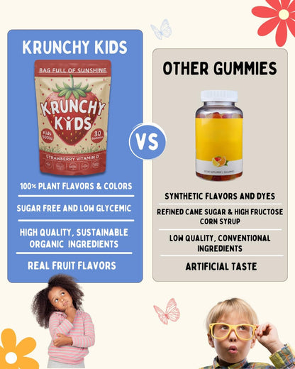Krunchy Kids Vitamin D3 Gummies for Children 2+ – Clean Ingredients Strawberry Gummies, Vegan & Non-GMO, Low Glycaemic Vitamin D Supplement for Immune & Bone Support, 30 Count