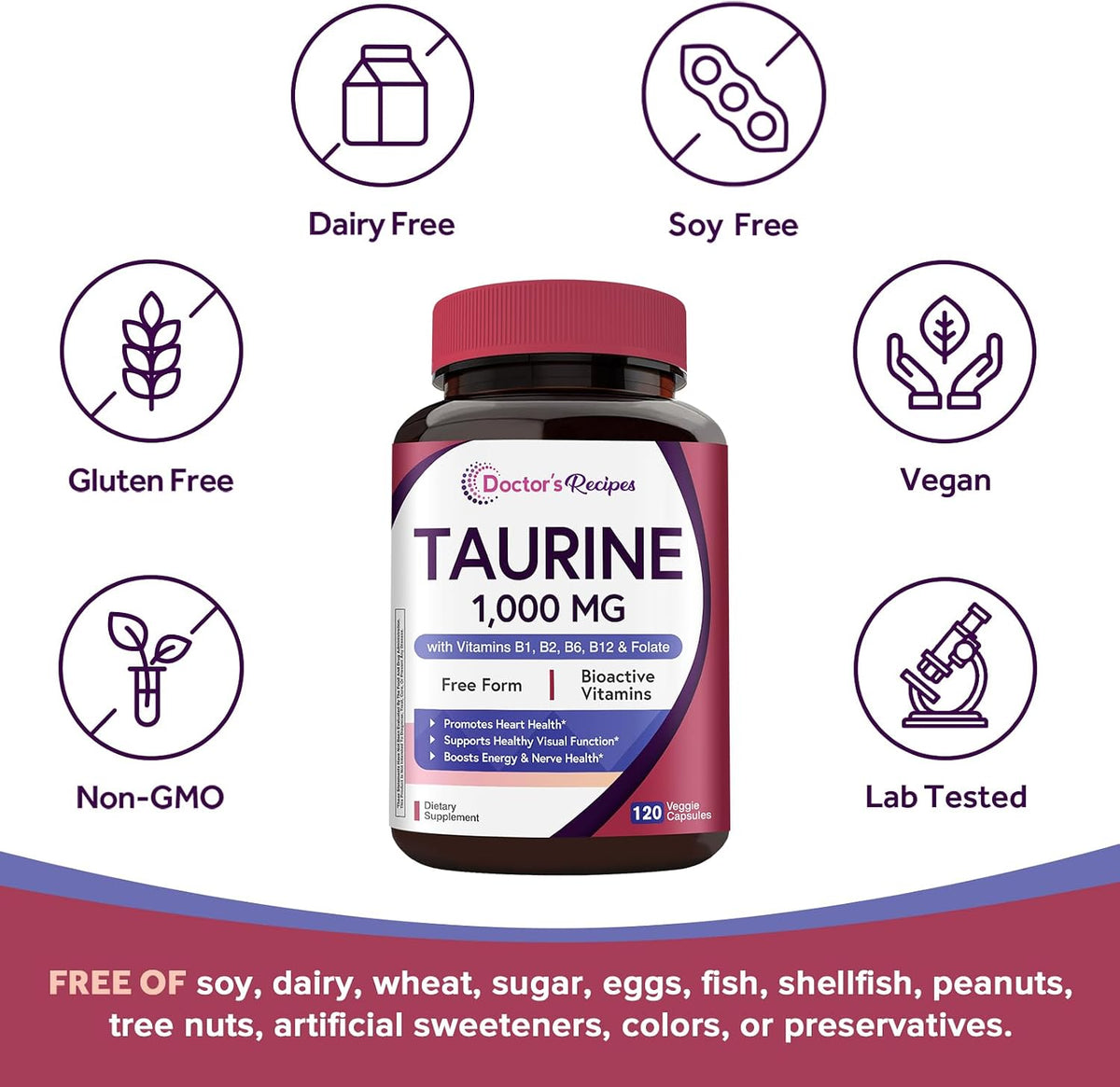 Doctor's Recipes Taurine Supplement 1000mg with B Vitamins - 120 Vegetable Capsules - görsel 5