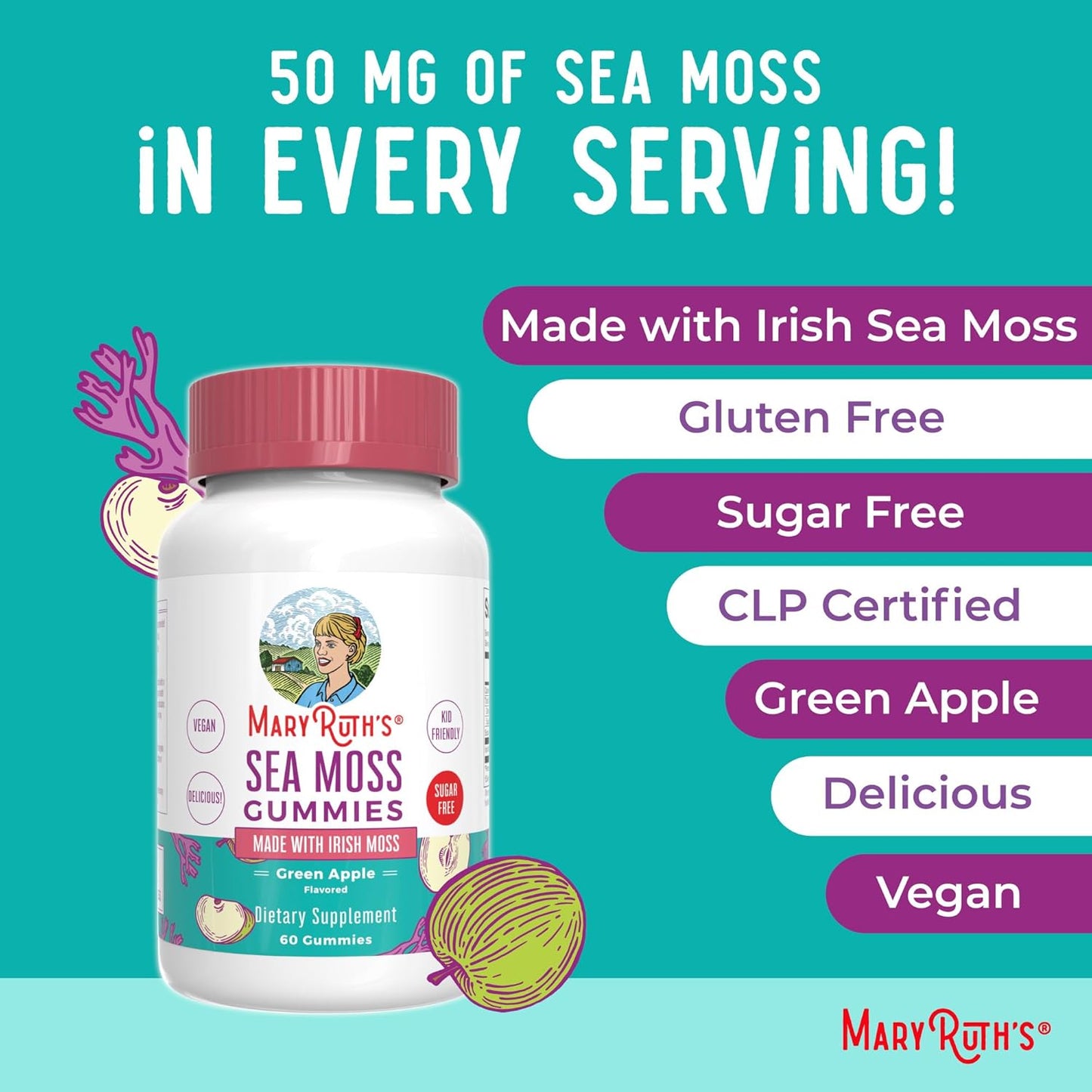 MaryRuth's Organics Sugar Free Irish Sea Moss Gummies for Gut Health and Immune Support, Vegan, Non-GMO, Gluten-free - 60 Count - görsel 8