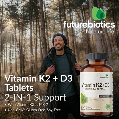 Futurebiotics Vitamin K2 with D3, 2 in 1 Support, 5000 IU Vitamin D3 & 90 mcg Vitamin K2 MK-7 Non-GMO, 360 Tablets