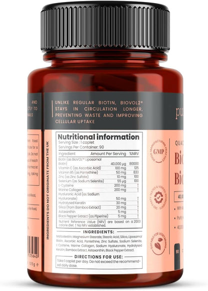 pureclinica 400% Strength Biotin 40,000mcg - 90 Caplets - BioVOL² Liposomal Biotin Complex with Marine Collagen, Keratin, Vitamin C and More - 3-Month Supply