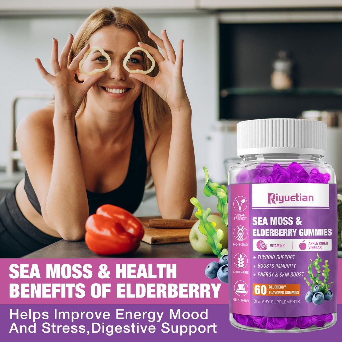 Sea Moss & Elderberry Gummies with Vitamin C and Zinc – Immune & Thyroid Support, 60 Gummies - görsel 6