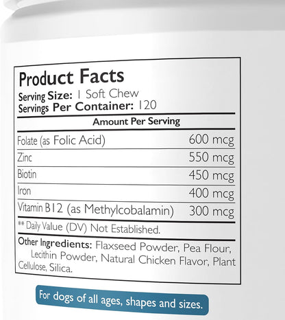 Nutrition Strength Folate for Dogs – Cardiovascular & Prenatal Support, DNA Synthesis, with Zinc, Biotin, Iron & Vitamin B12, 120 Soft Chews
