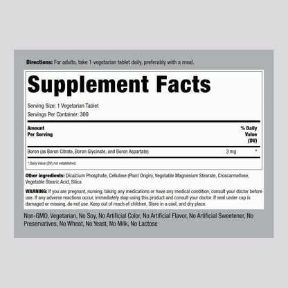 Piping Rock Boron Supplement for Men and Women | 3mg | 300 Tablets | Triple Complex | as Glycinate, Aspartate, Citrate | Vegetarian, Non-GMO, Gluten-free